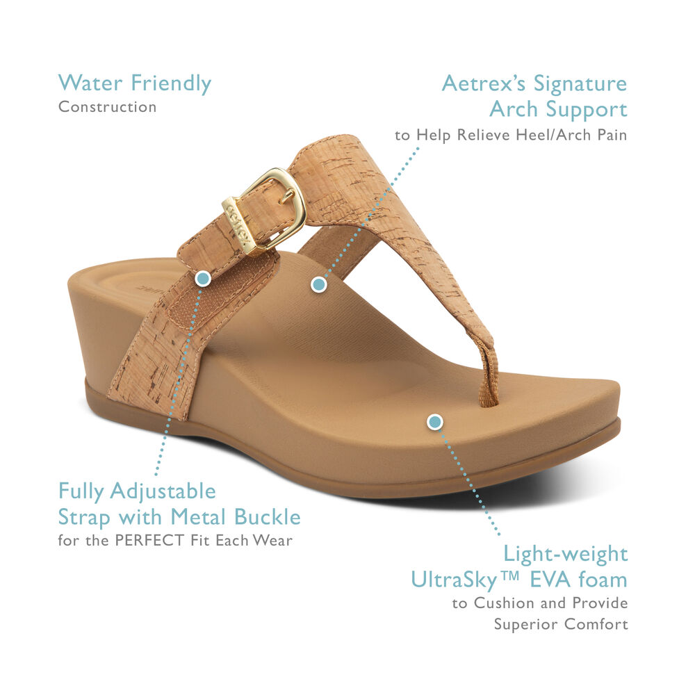 Aetrex Women's Kate Thong Wedge Sandals - Brown | USA J1TFDPY